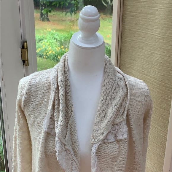 Lucky Brand Ivory Lacy Cardigan, Open Front Cardigan Sweater, Boho Cardigan - Picture 6 of 12